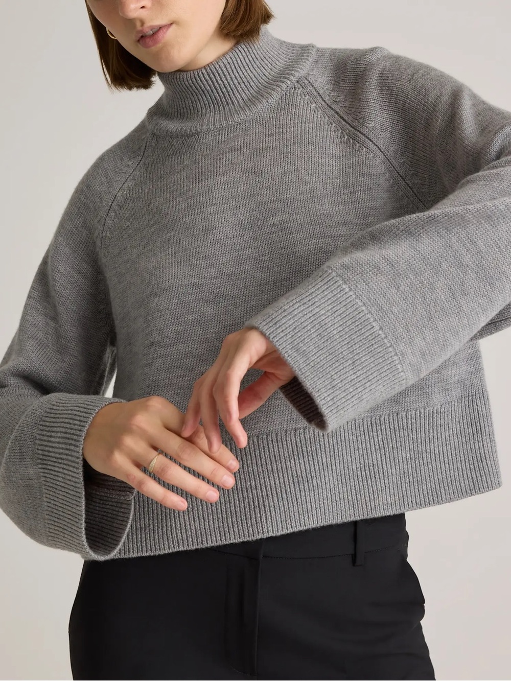 Quince Australian Merino Wool Cropped Mock Neck Sweater Heather Grey Medium